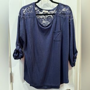 Paper + Tee Navy Blue Lace Trim Top Sz 2x